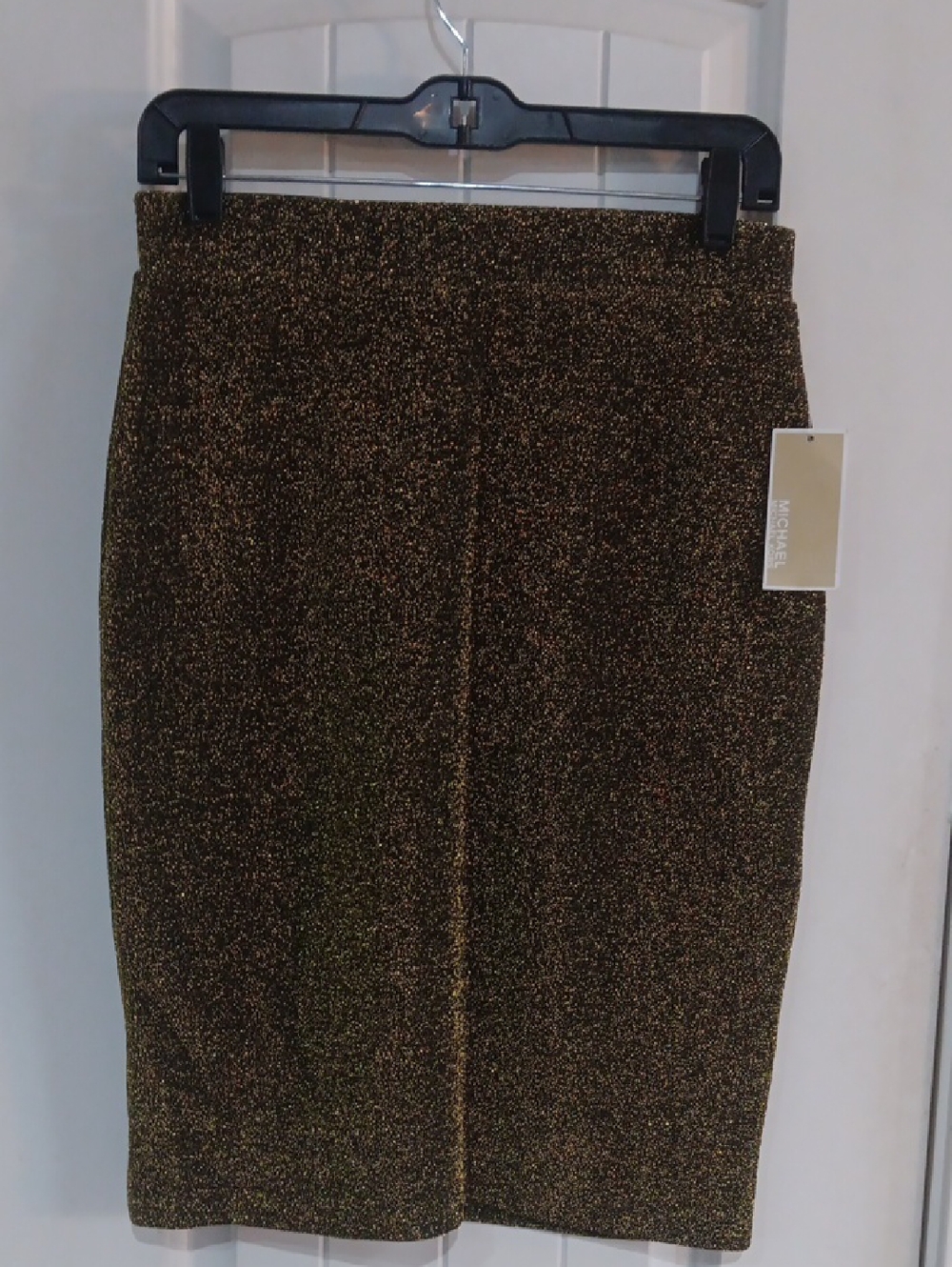 NWT MICHAEL Michael Kors Black Gold Metallic Shimmer Ponte Pencil Skirt Size S